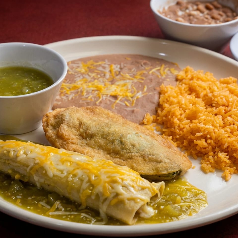 Mexican dinner plate with green enchilada, fried taco, refried beans, yellow rice, salsa, and side dishes on a red table.